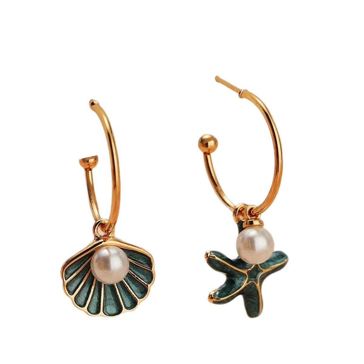 Romantic Blue Enamel Starfish & Shell Hoop Earrings