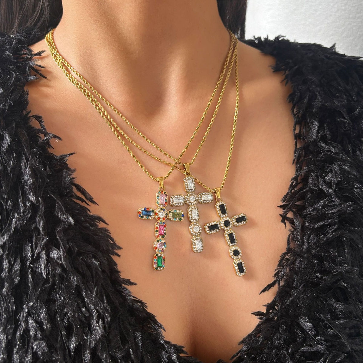 14k Dainty Multi-Color Cross Necklace