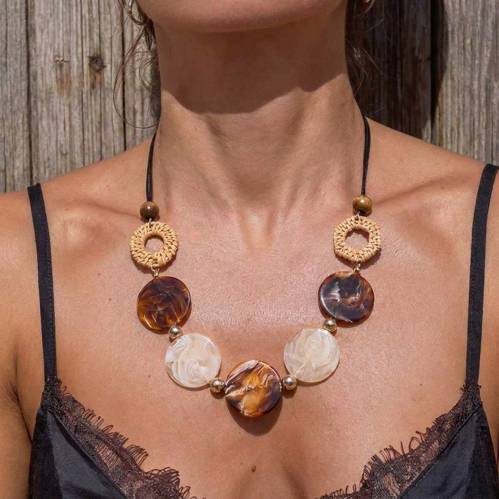 Boho Woven Ring Acrylic Disc Necklace
