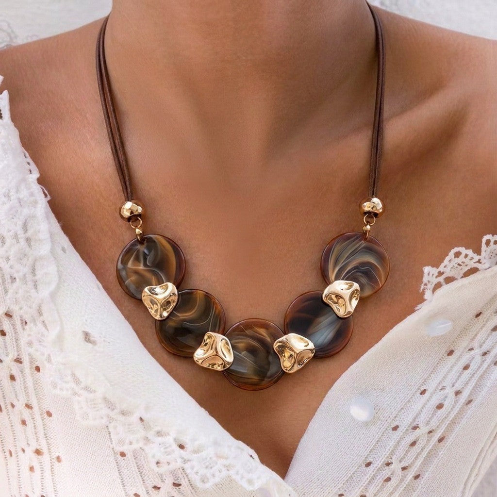 Boho Woven Ring Acrylic Disc Necklace