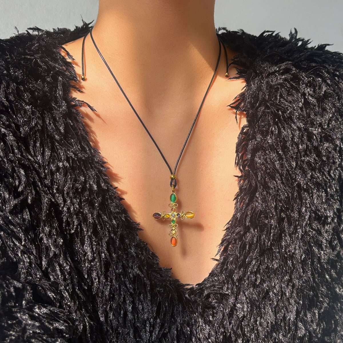 Classy Multi-Gem Cross Cord Necklace