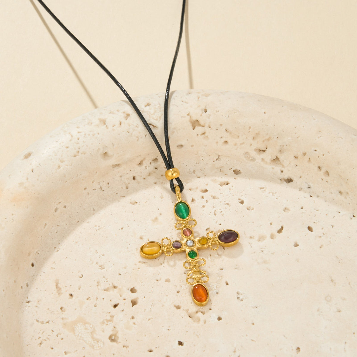 Classy Multi-Gem Cross Cord Necklace
