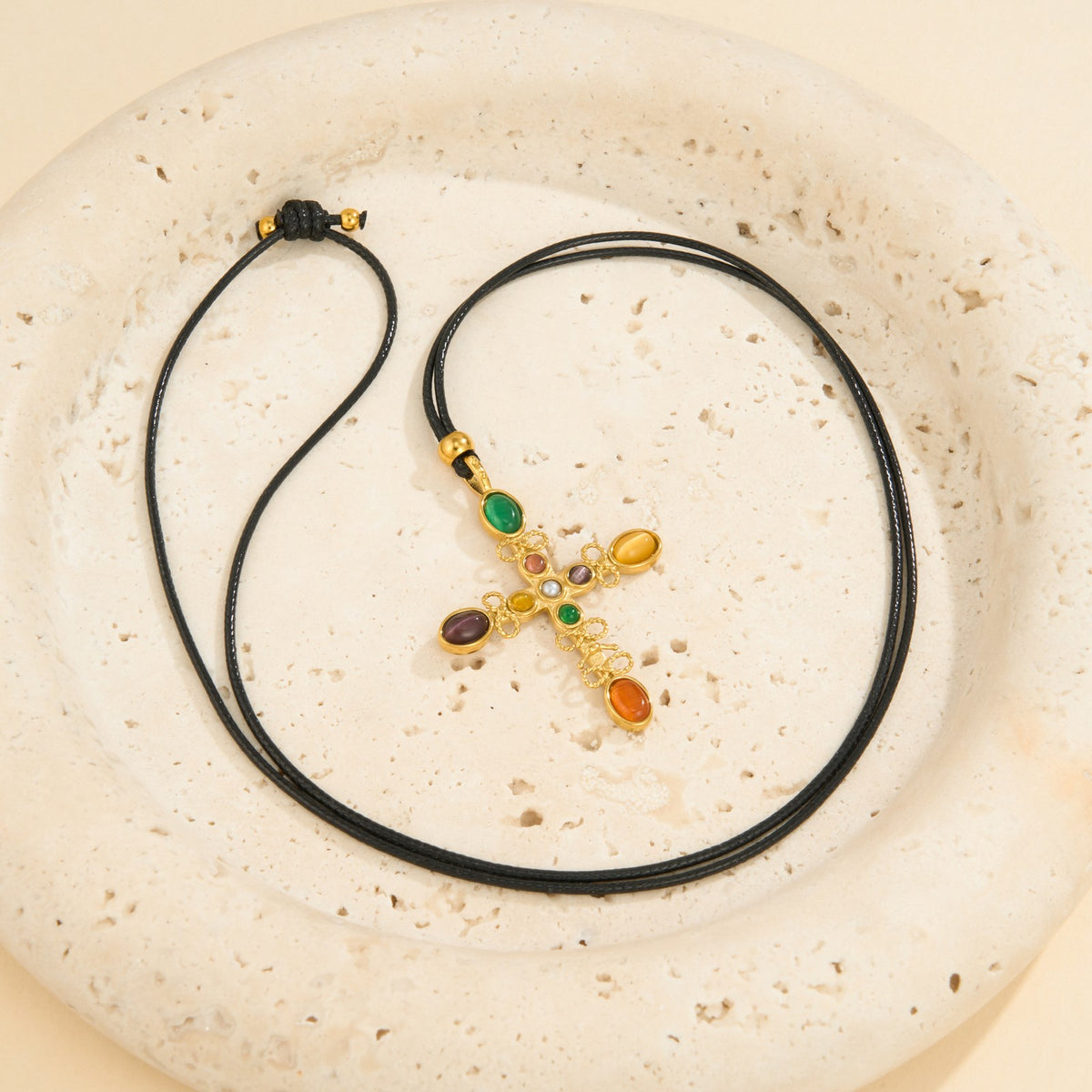 Classy Multi-Gem Cross Cord Necklace