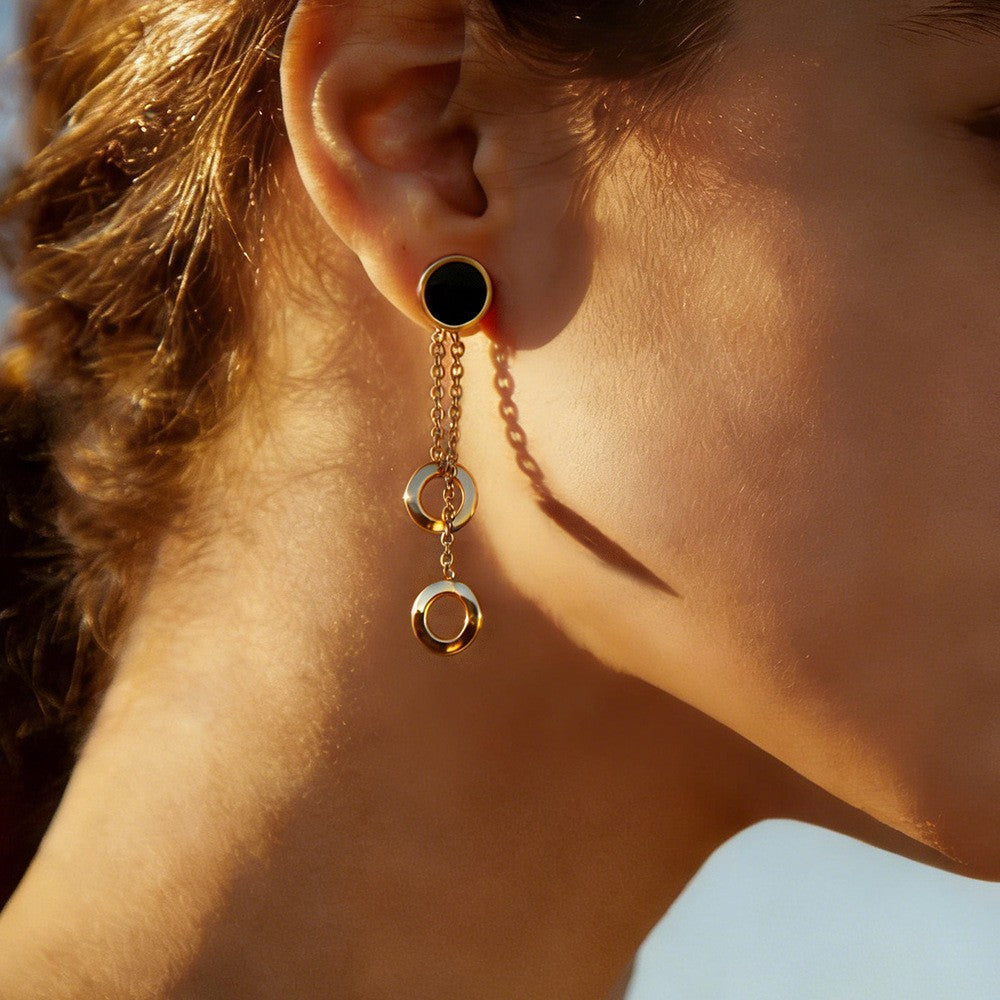 18k Dainty Black Inlay Chain Drop Earrings