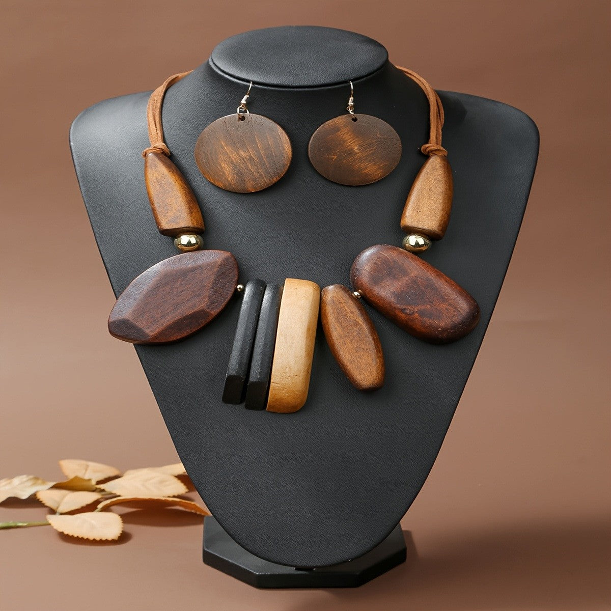 Boho Mixed Wood Geometric Necklace & Earring Set