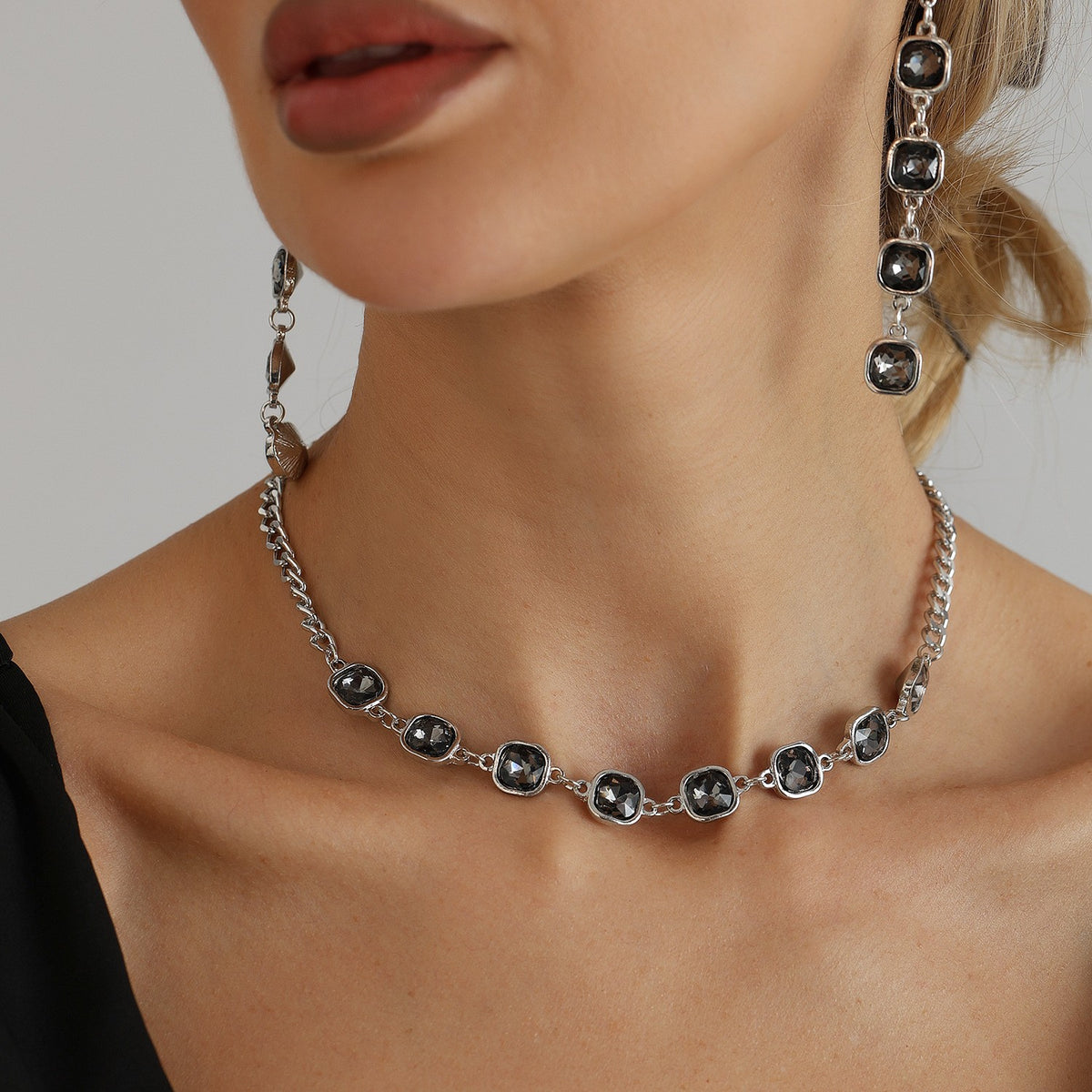 Classy Black Square Gem Necklace, Bracelet & Earring Set