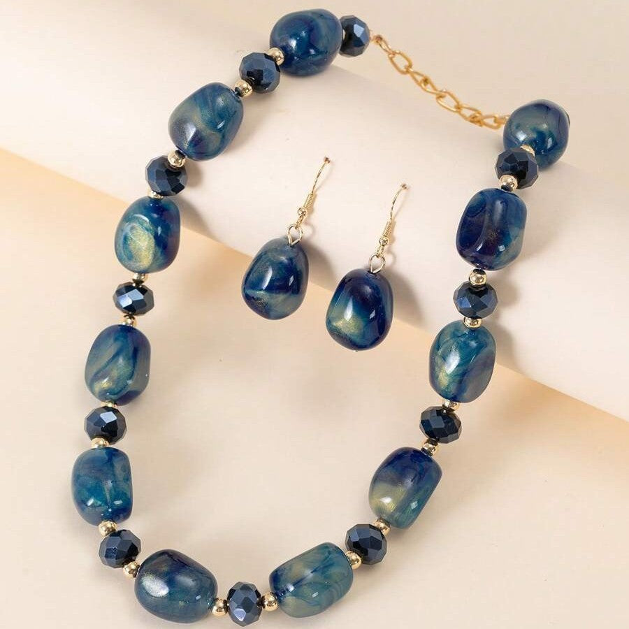 Vintage Blue Marble Acrylic Necklace & Earring Set