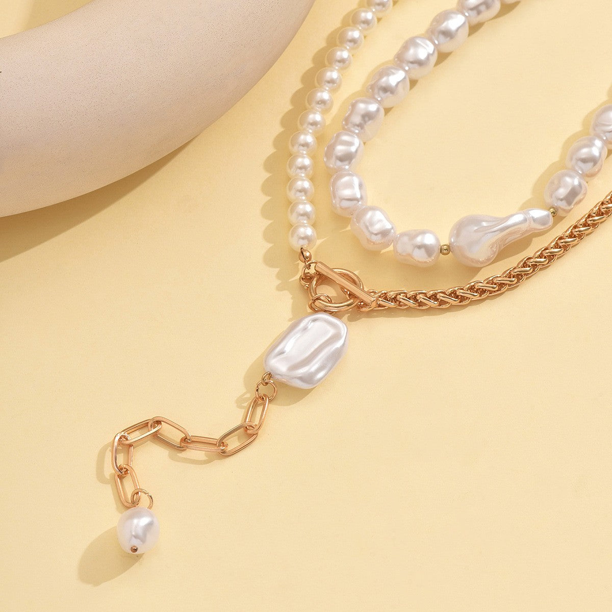 Classy Layered Faux Pearl OT Toggle Necklace