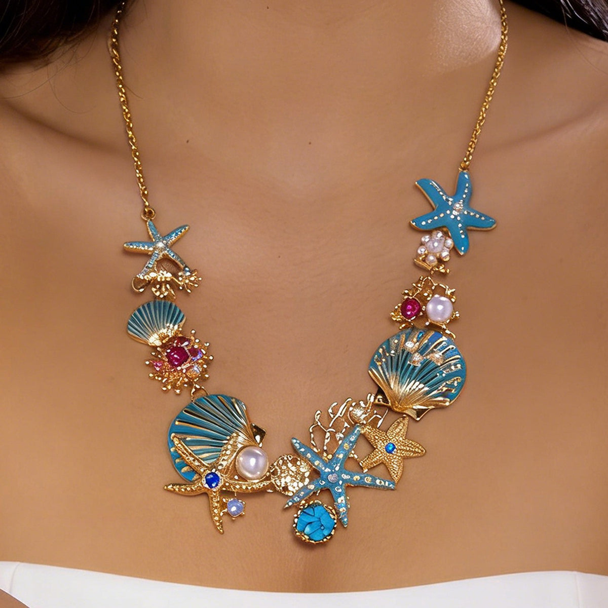 Boho Enamel Starfish & Shell Necklace, Bracelet & Earring Set