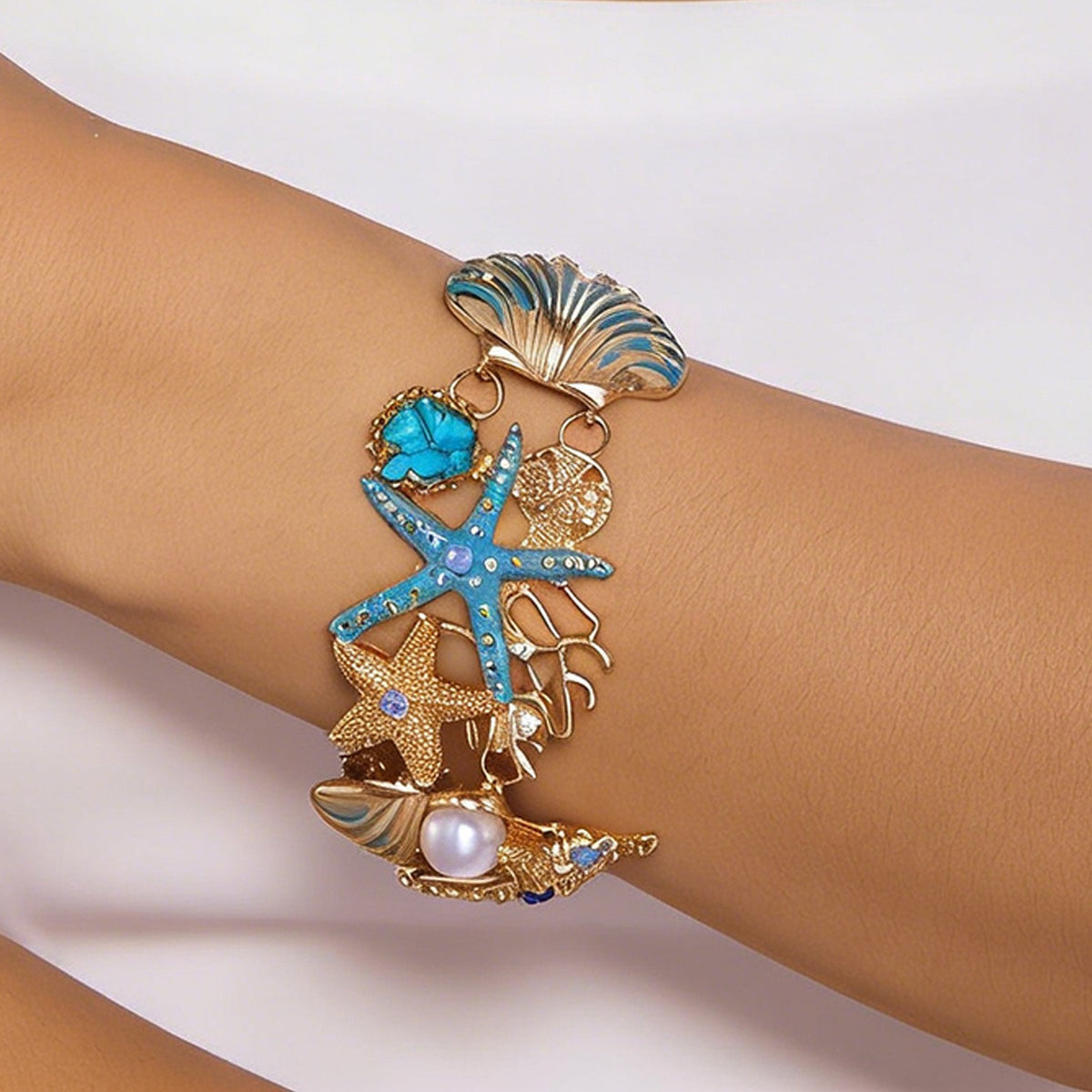 Boho Enamel Starfish & Shell Necklace, Bracelet & Earring Set