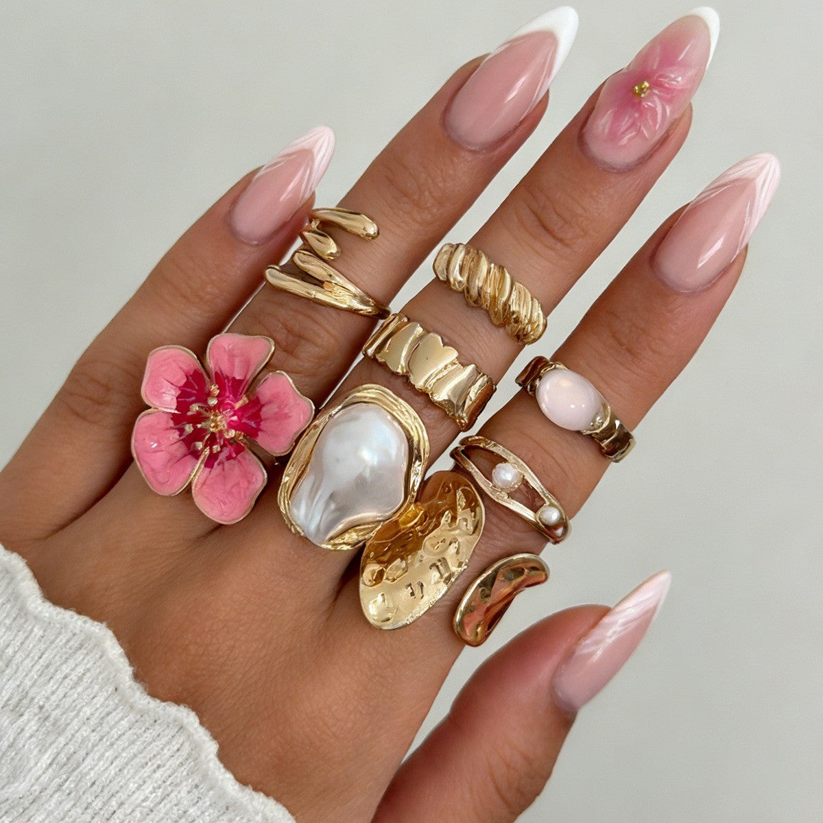 Romantic Pink Floral & Pearl Ring Set