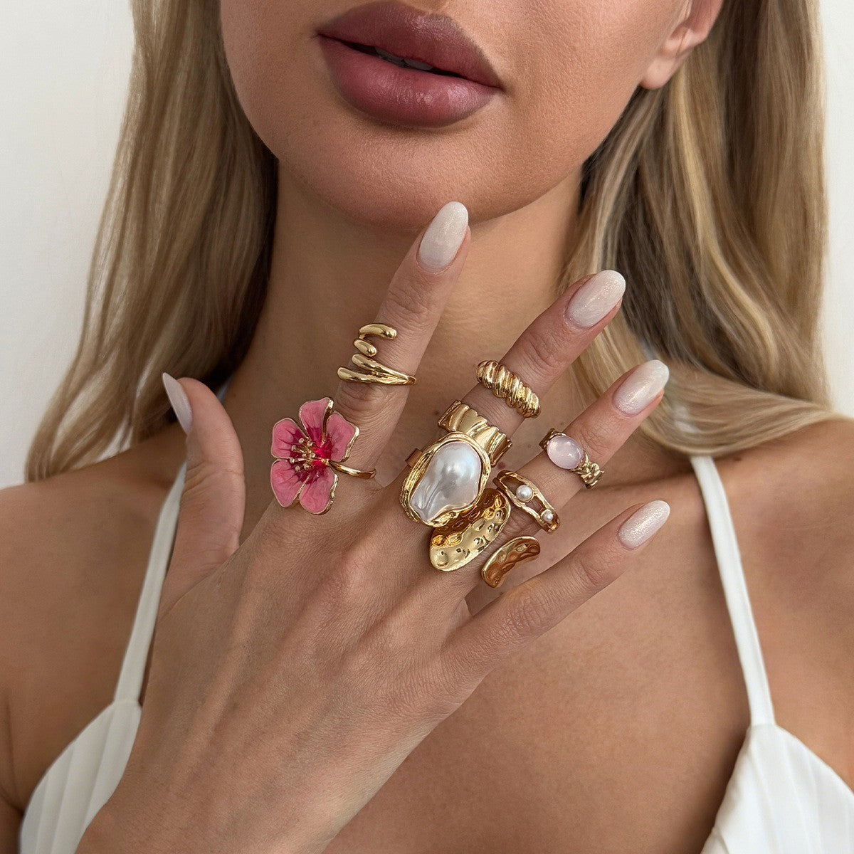 Romantic Pink Floral & Pearl Ring Set