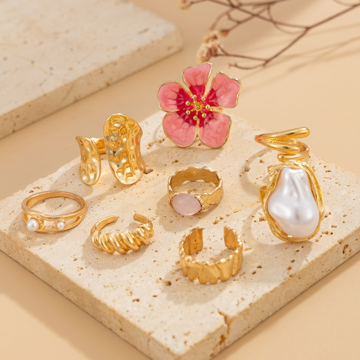 Romantic Pink Floral & Pearl Ring Set