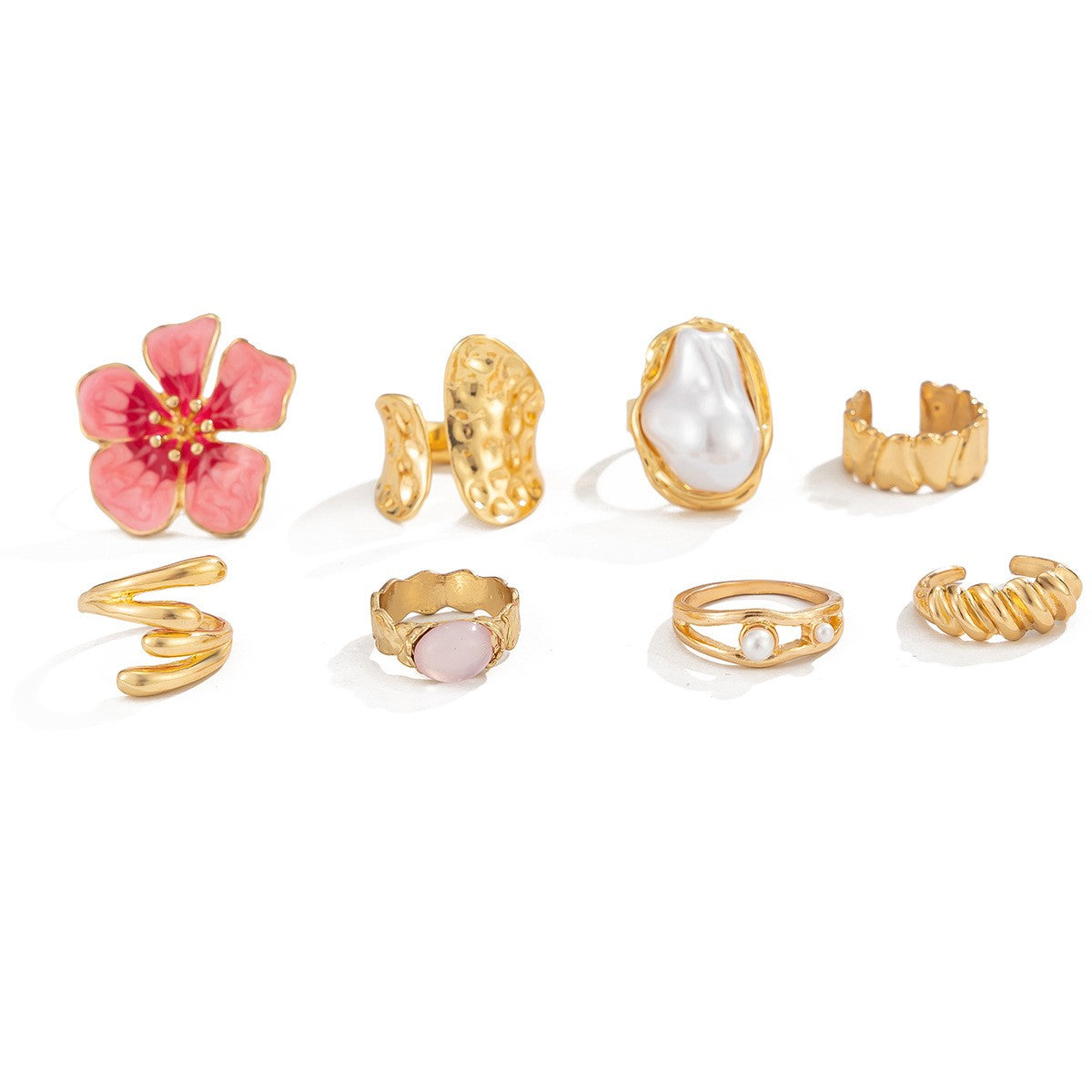 Romantic Pink Floral & Pearl Ring Set