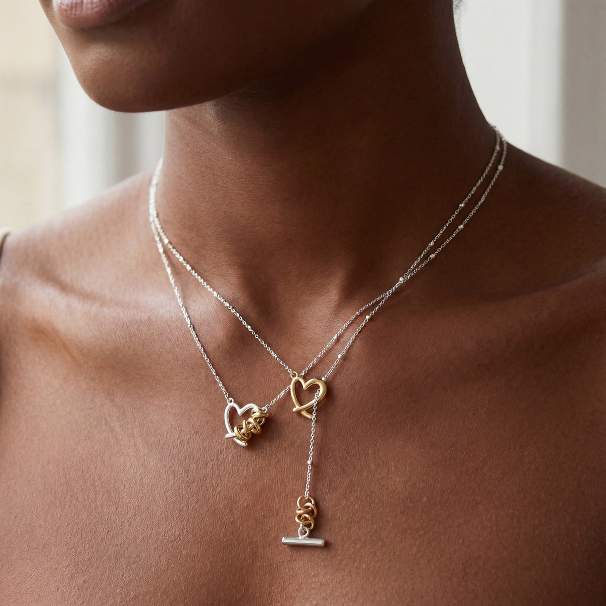 Dainty Mixed Metal Heart Layered Necklace Set