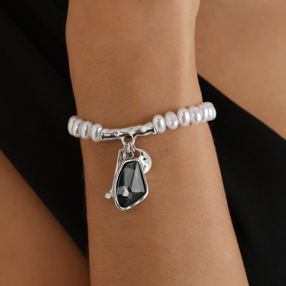 Elegant Faux Pearl & Smoky Crystal Necklace, Bracelet & Earring Set