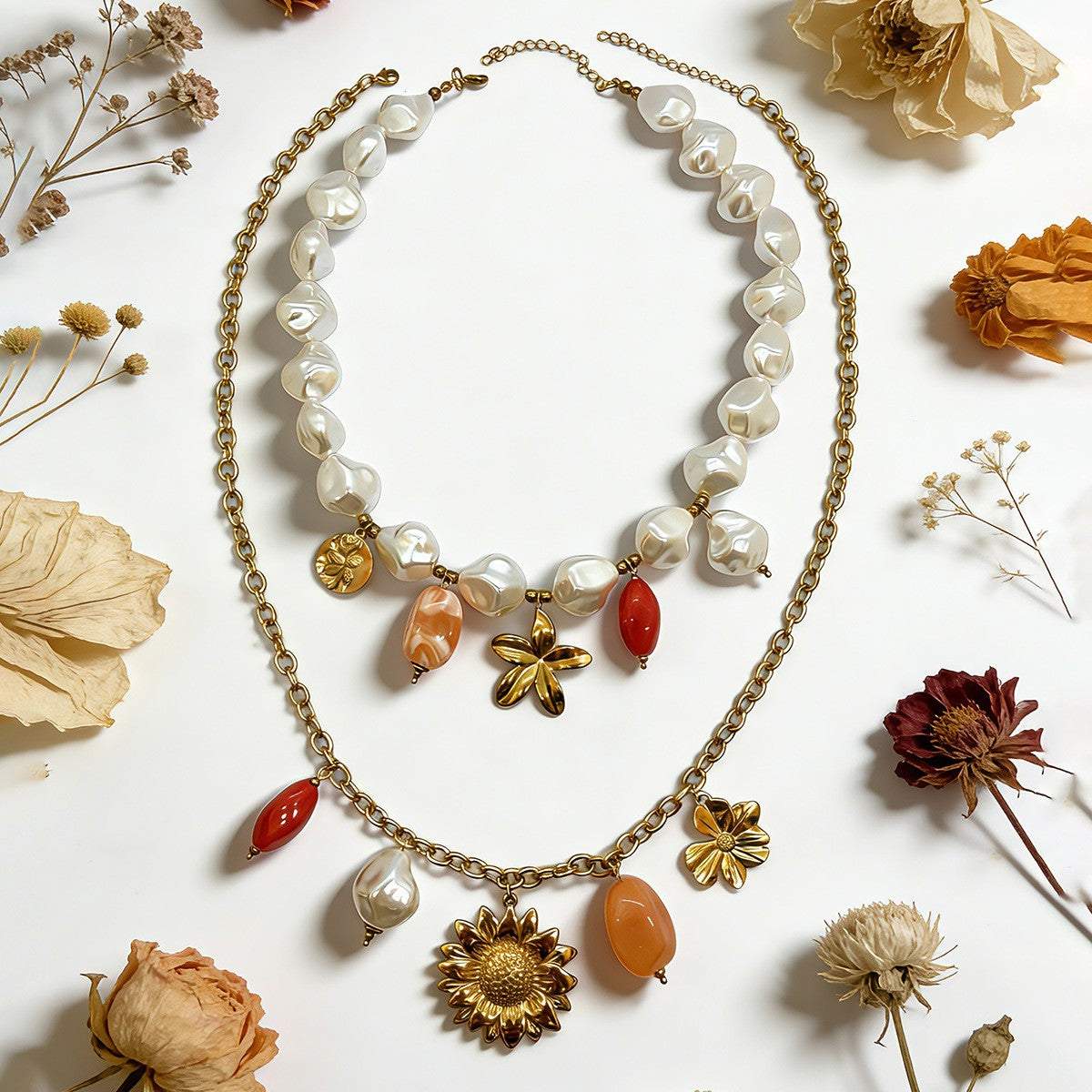 18k Boho Layered Pearl Sunflower Necklace