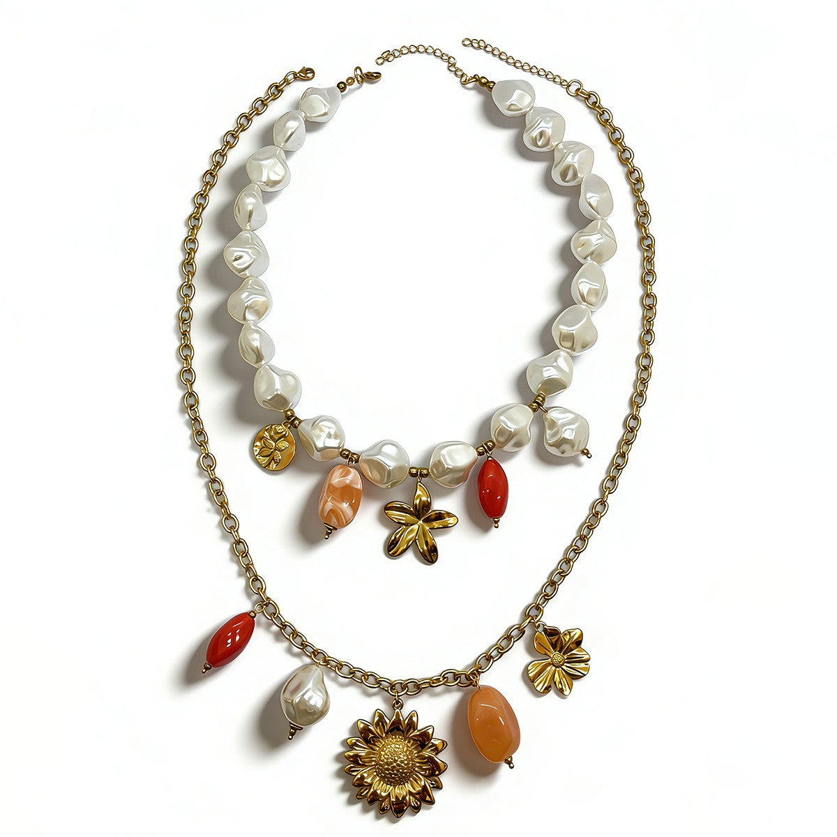 18k Boho Layered Pearl Sunflower Necklace