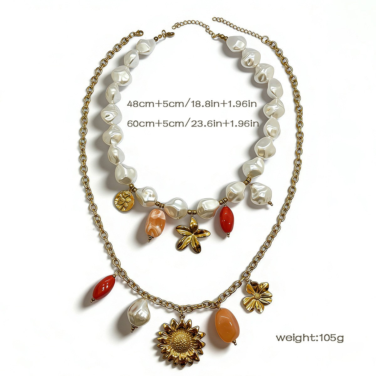 18k Boho Layered Pearl Sunflower Necklace