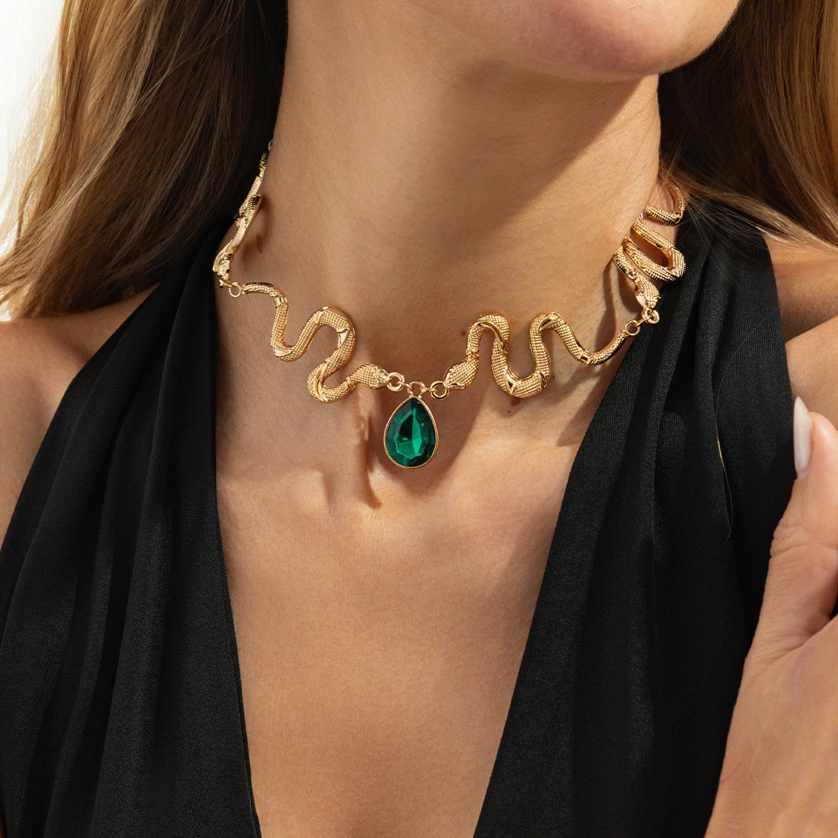 Classy Green Teardrop Snake Necklace & Earring Set