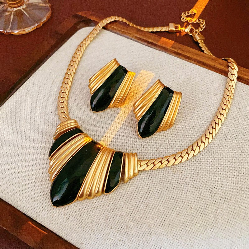 Vintage Striped Enamel Necklace and Earrings Set