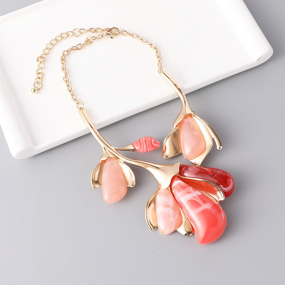 Romantic Pink Resin Floral Statement Necklace