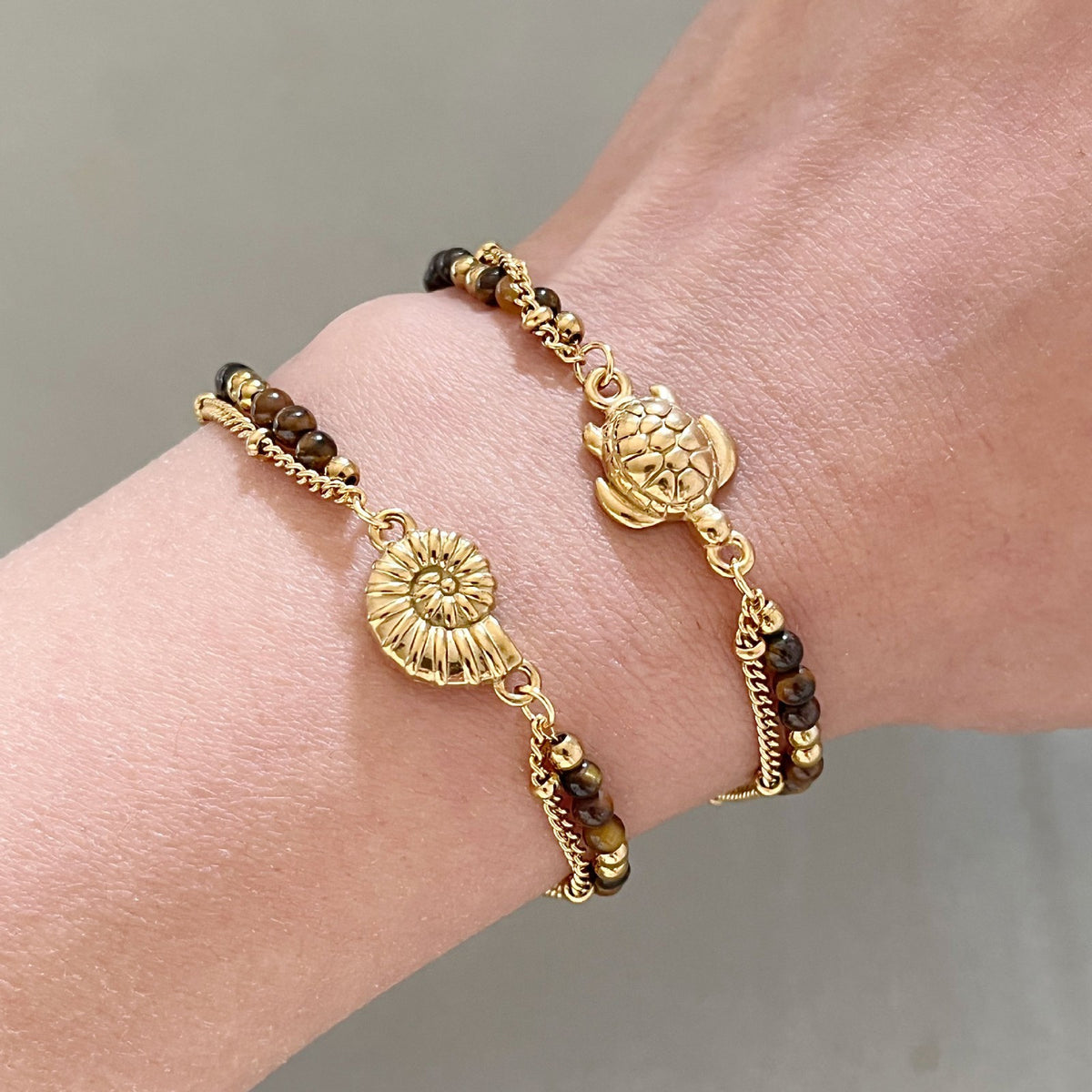 Boho Tiger Eye Sea Turtle & Shell Bracelet Set