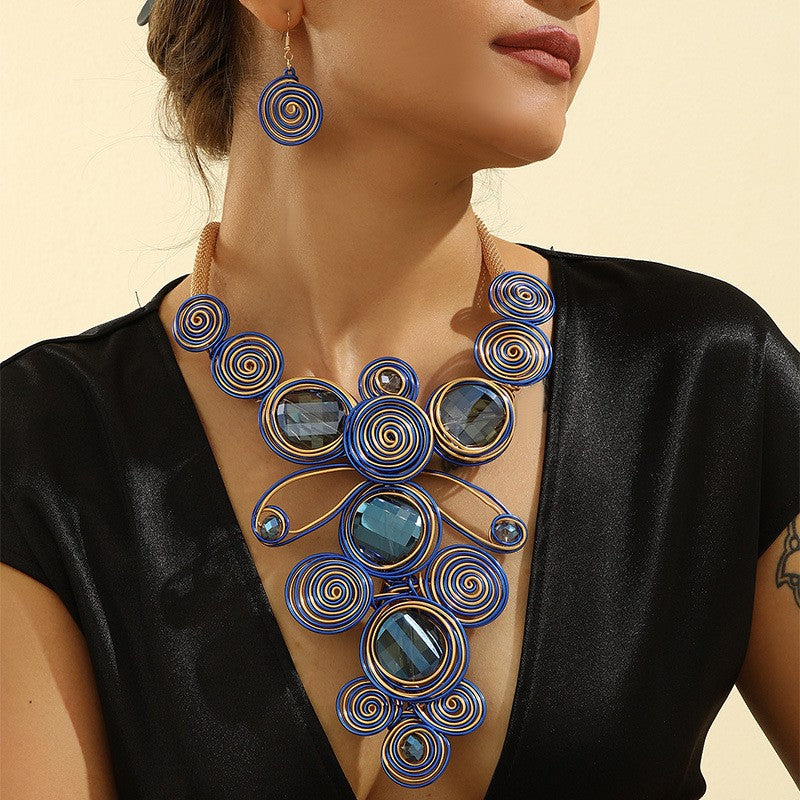 Boho Blue Wire Spiral Necklace and Earring Set