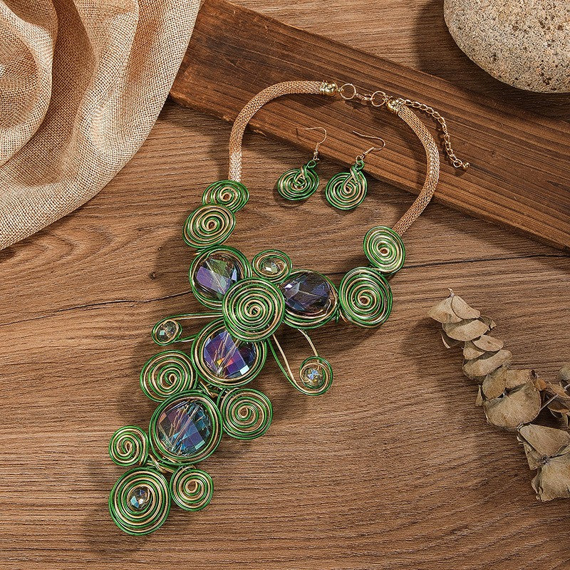 Boho Blue Wire Spiral Necklace and Earring Set