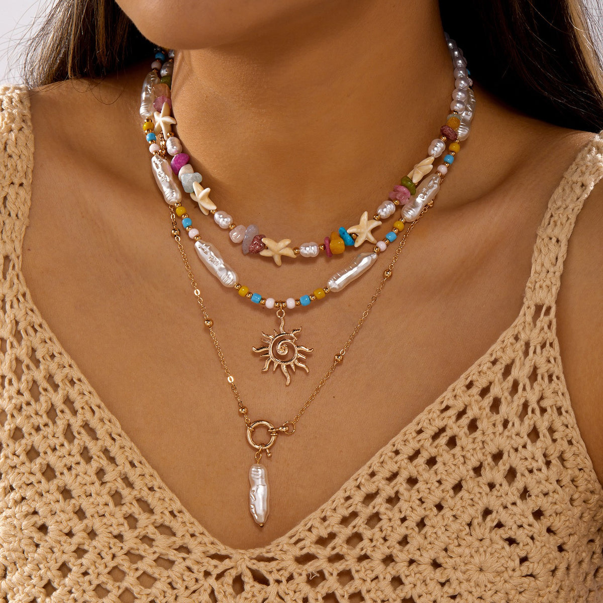 Boho Layered Faux Pearl & Shell Necklace Set