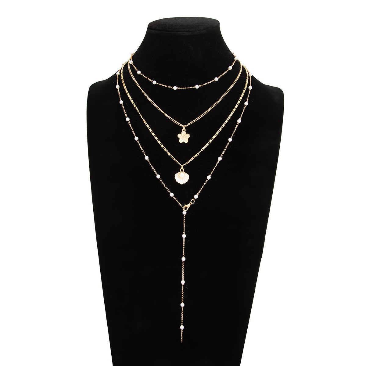 Boho Layered Faux Pearl Enamel Flower Necklace