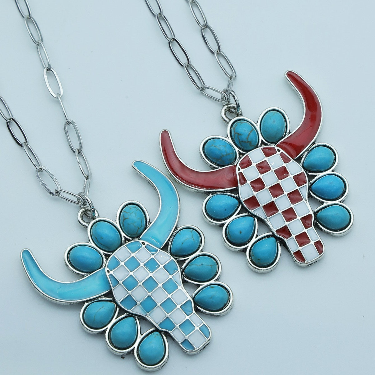 Boho Checkerboard Bull Head Necklace