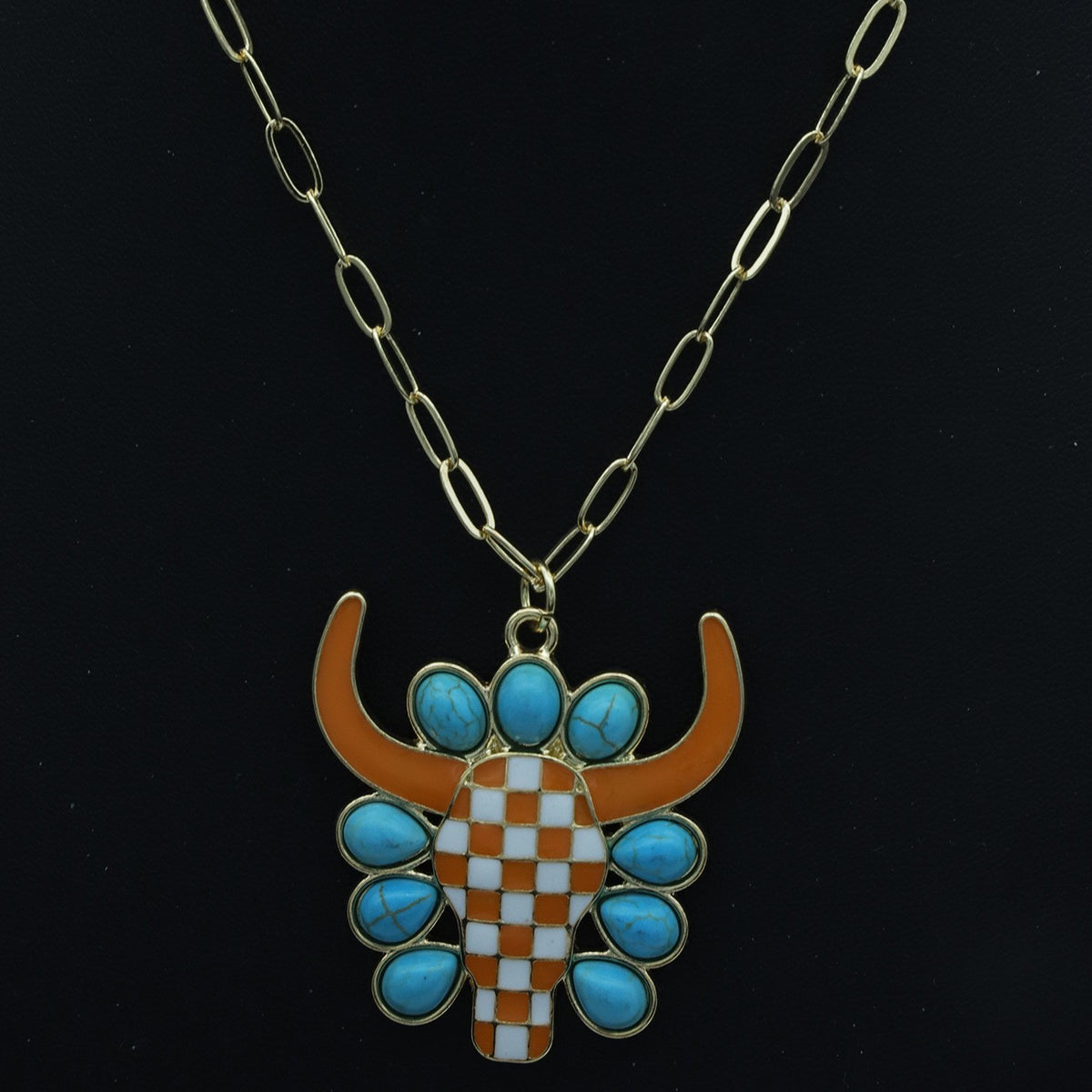 Boho Checkerboard Bull Head Necklace