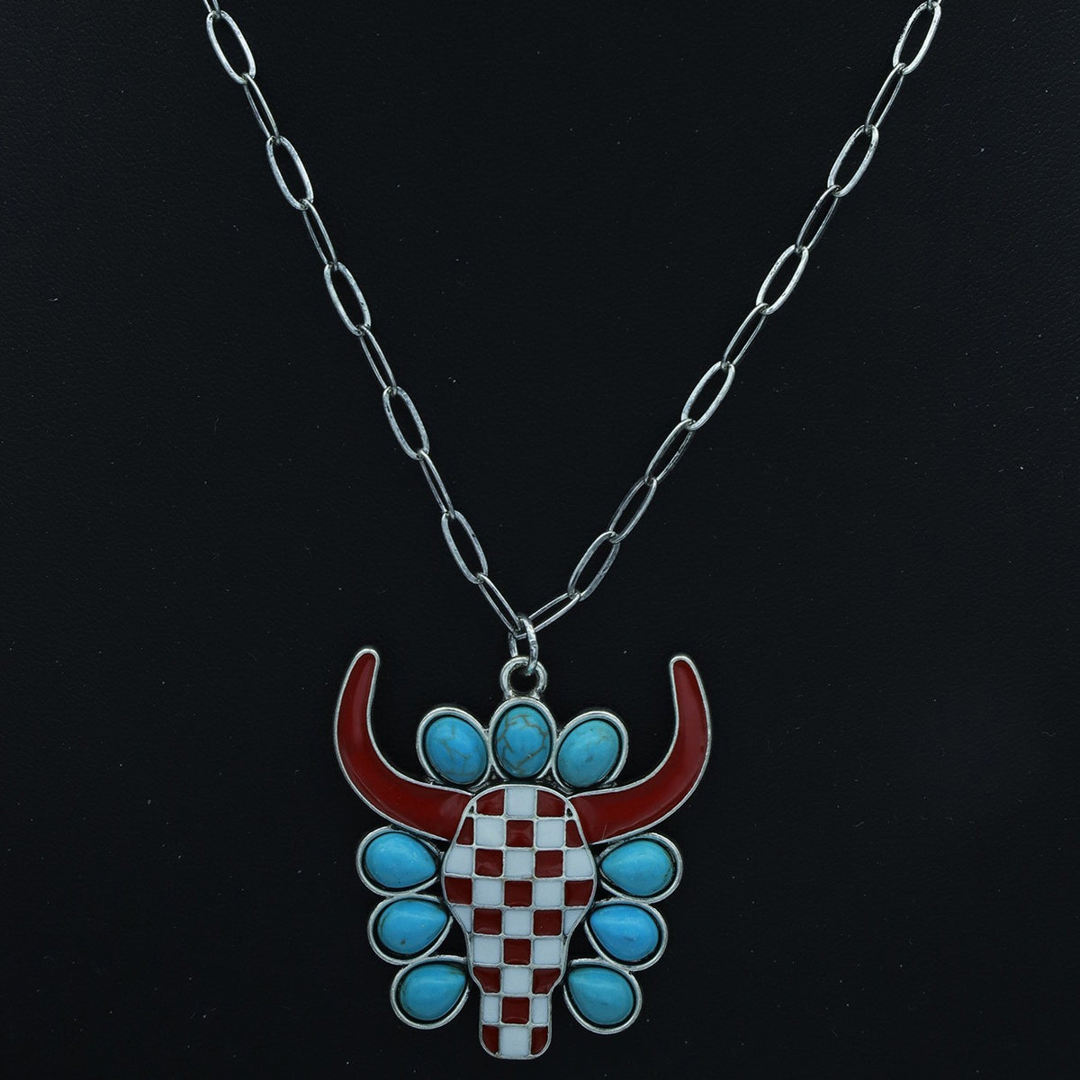 Boho Checkerboard Bull Head Necklace