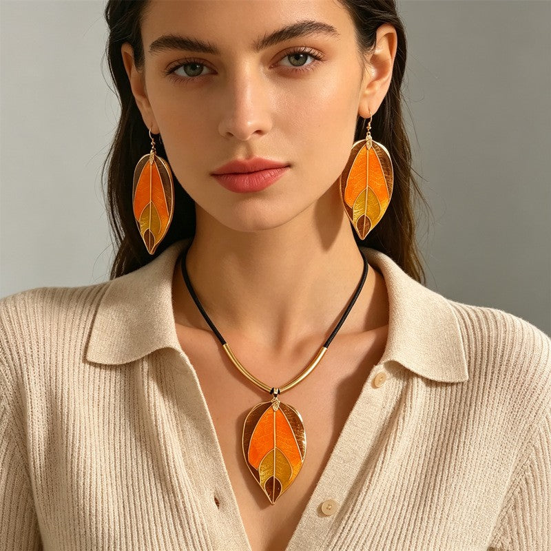 Classy Amber Leaf Necklace & Earring Set