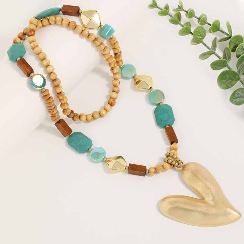 Boho Faux Turquoise Heart Pendant Necklace