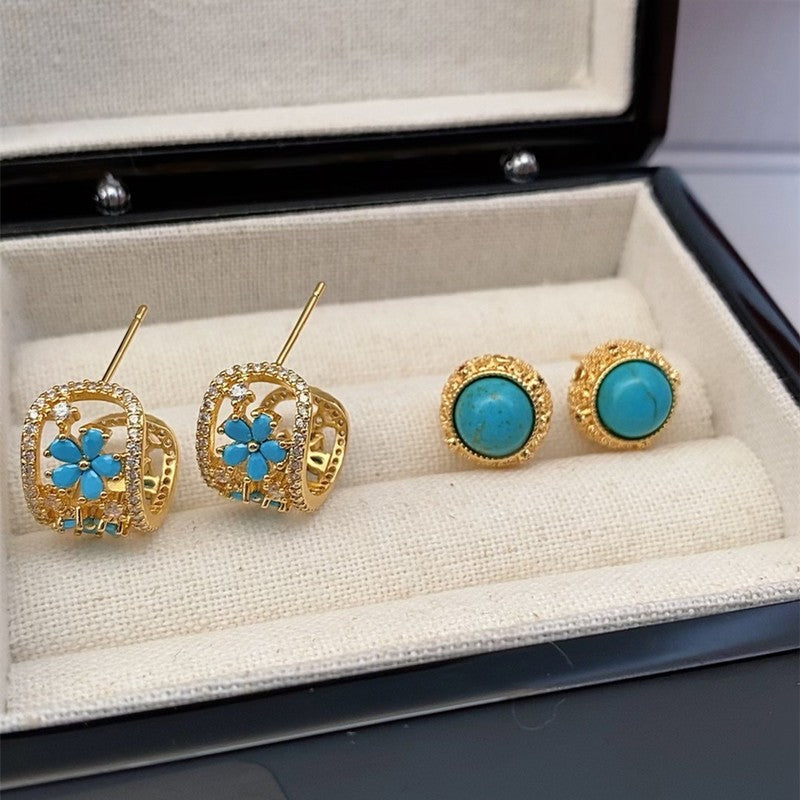 Boho Turquoise Floral Huggie Earring Set