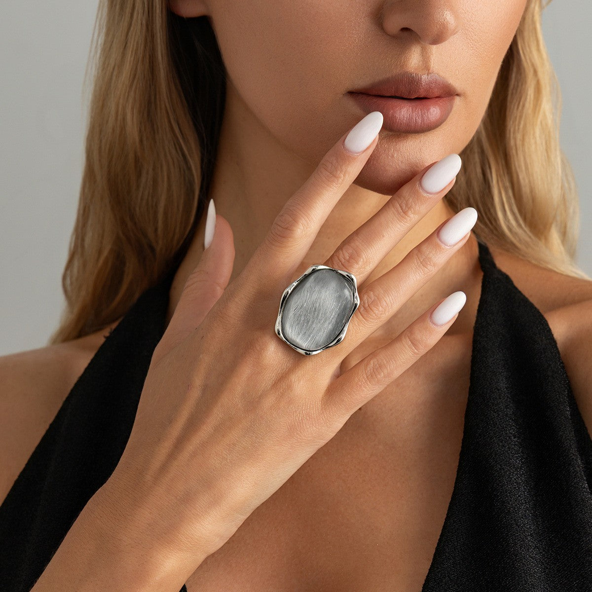 Classy Silver Ripple Stone Ring & Earring Set