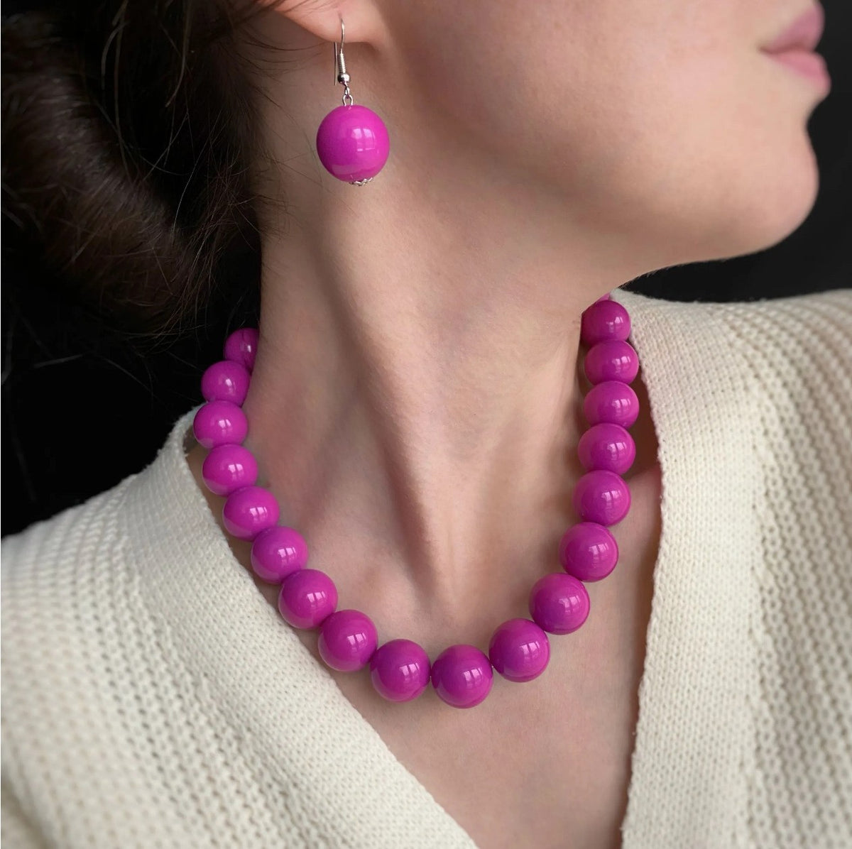 Romantic Pink Round Bead Necklace & Earring Set