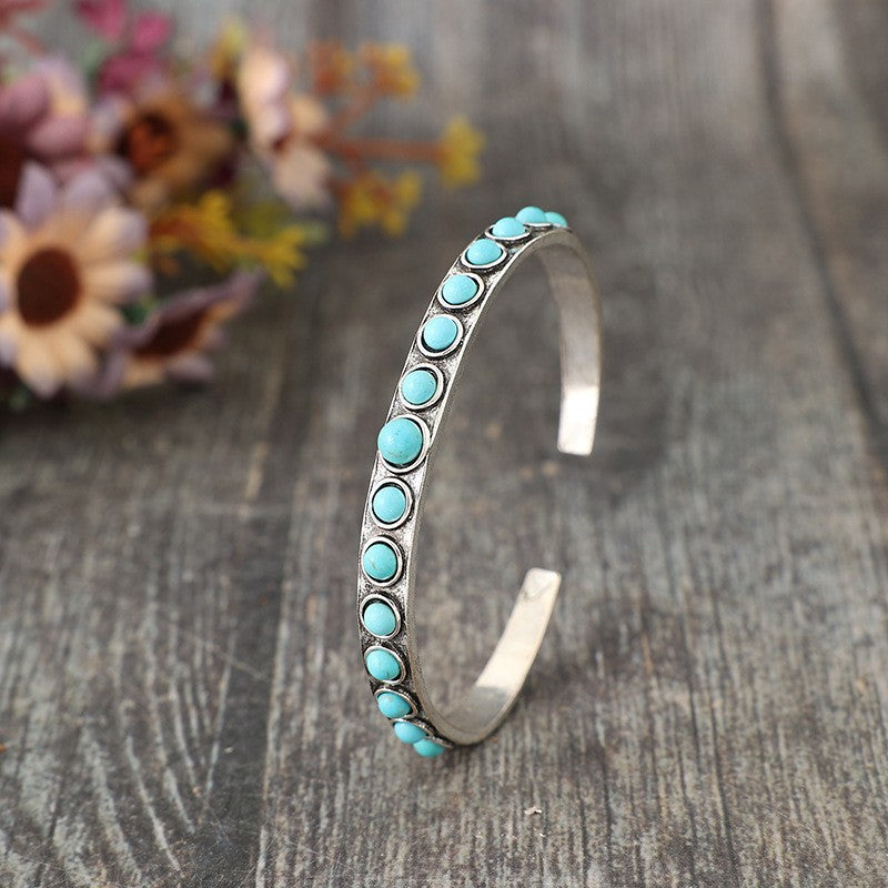 Retro Turquoise Stone Open Cuff Bracelet