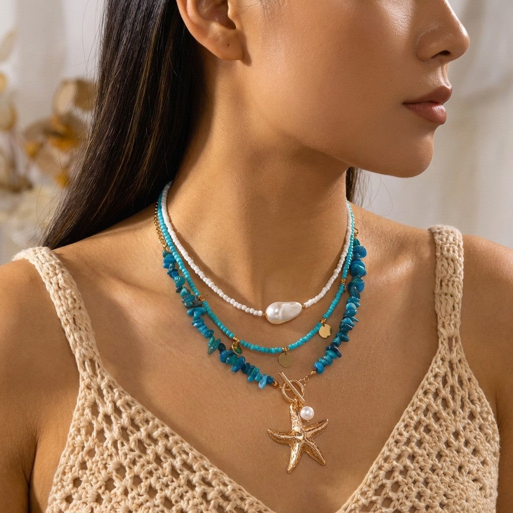 Boho Layered Shell & Starfish Necklace Set