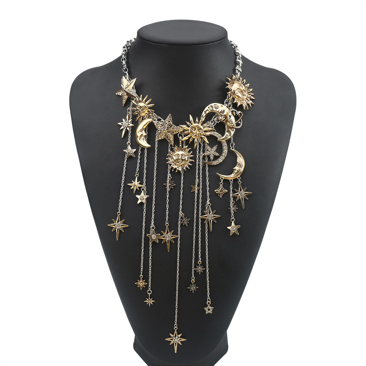 Boho Celestial Sun Moon Fringe Necklace