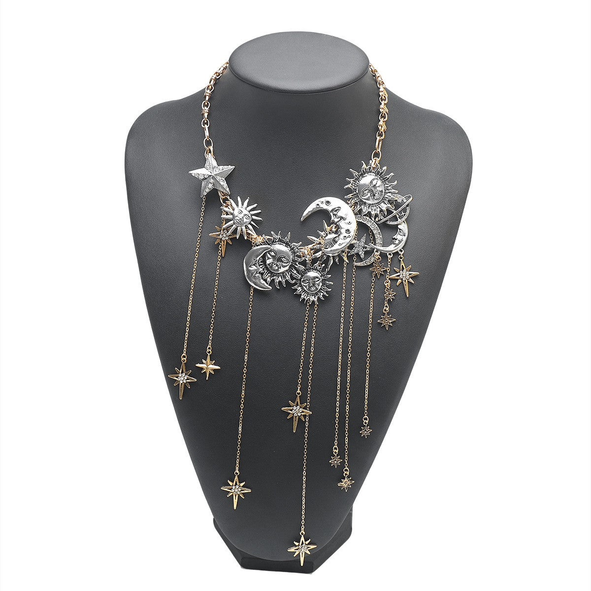 Boho Celestial Sun Moon Fringe Necklace