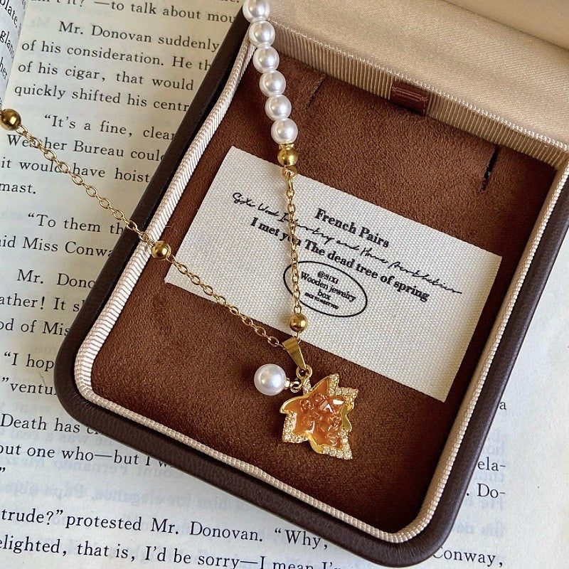 Dainty Amber Maple Leaf Pearl Necklace