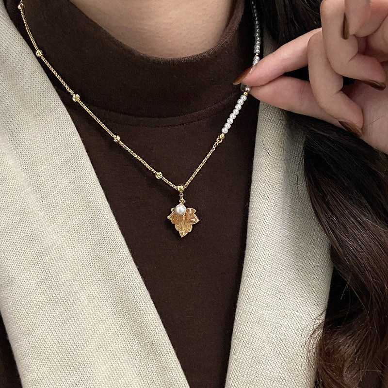 Dainty Amber Maple Leaf Pearl Necklace