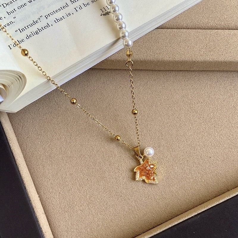 Dainty Amber Maple Leaf Pearl Necklace