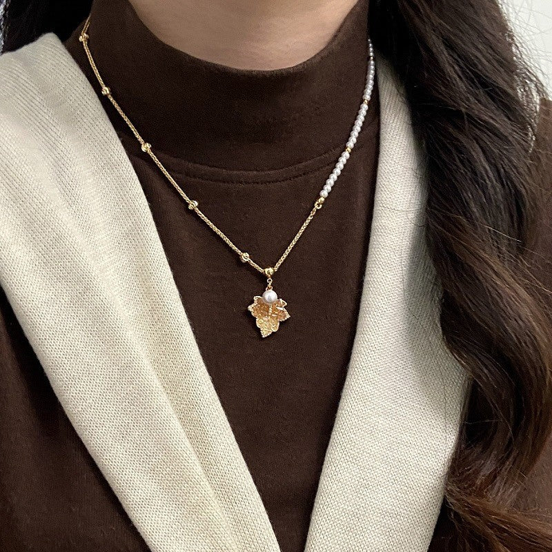 Dainty Amber Maple Leaf Pearl Necklace