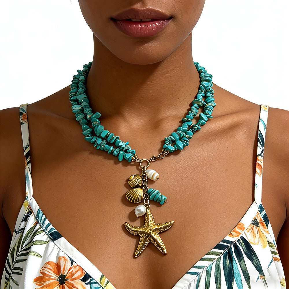 18k Boho Turquoise Starfish Statement Necklace