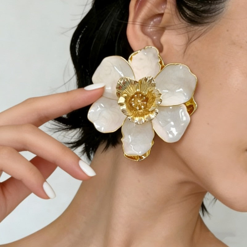 Classy White Camellia Flower Stud Earrings