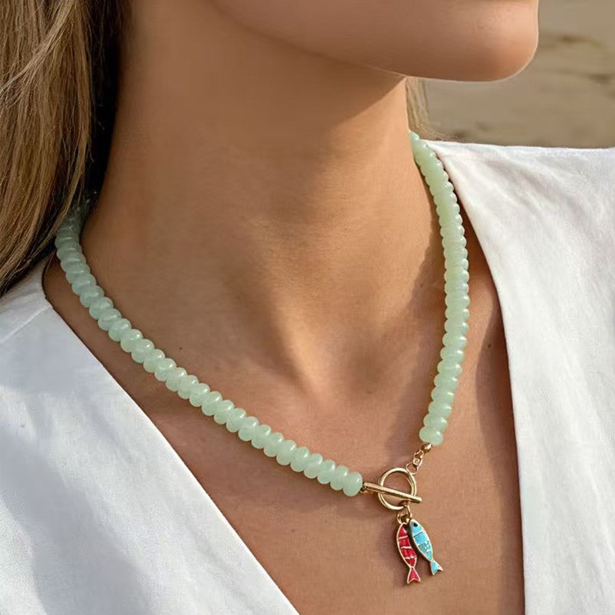 Dainty Mint Glass Bead Fish Necklace